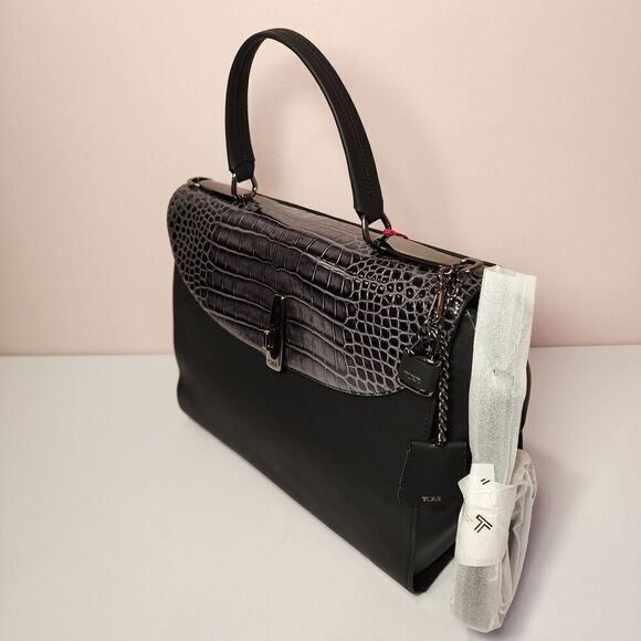 NWT Tumi Mezzanine RIVERA Crocodile Embossed Leather Satchel GREY - Picture 3 of 9